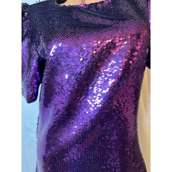 Purple Sequin Party Dress L Puff Sleeve Holiday Cocktail Glam Sparkle Mini - Picture 4 of 5